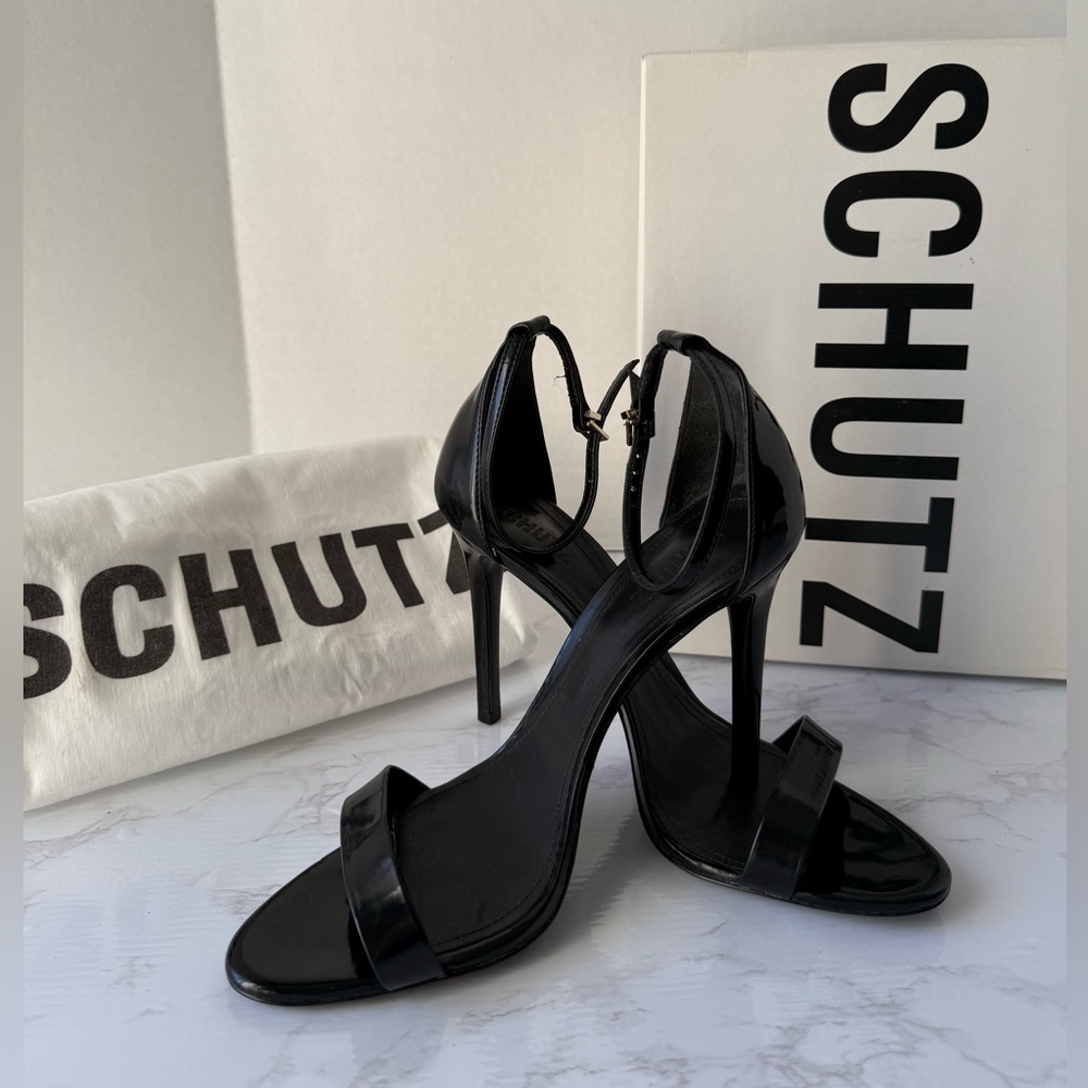 Schutz Womens Cadey Lee Black Patent Ankle Strap Dress Sandals Heels - Picture 2 of 9